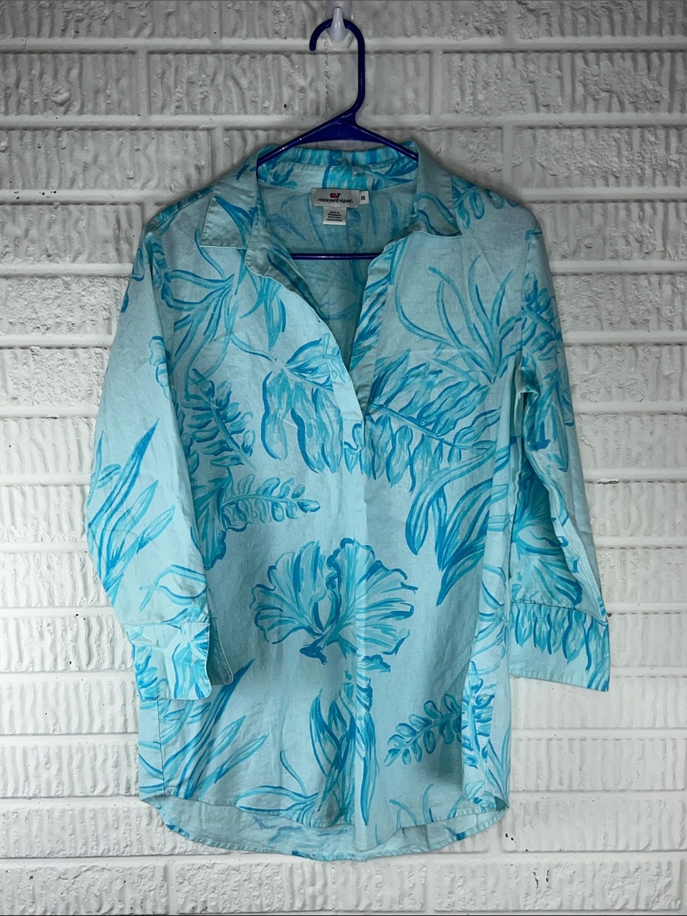 Vineyard Vines Aqua Blue Tropical Linen Shirt
